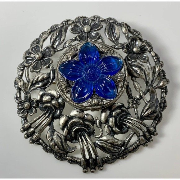 Vintage Filigree Blue Flower Brooch Pendant Secret Perfume Compartment Orig. Pkg - Picture 2 of 10